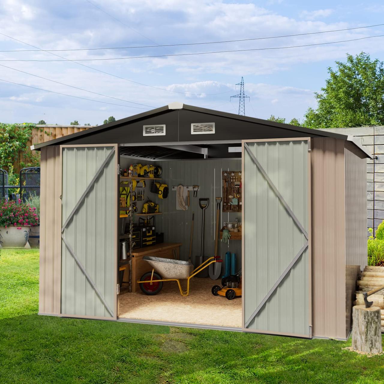 Amazon.Com : Aoxun Outdoor Shed - 8 X 10 Ft Storage Sheds Galvanized Metal  Shed With Air Vent And Slide Door, Tool Storage Backyard Shed Bike Shed,  Tiny House Garden Tool Storage
