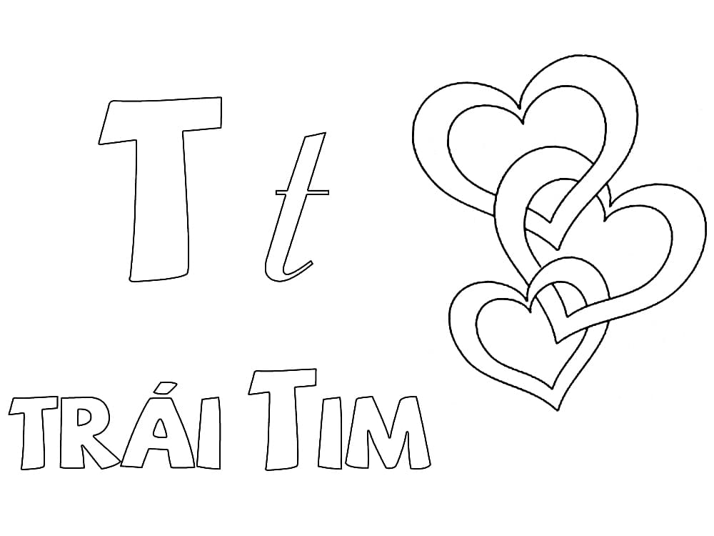 Tô Màu Chữ T Trái Tim - Trang Tô Màu Cho Bé